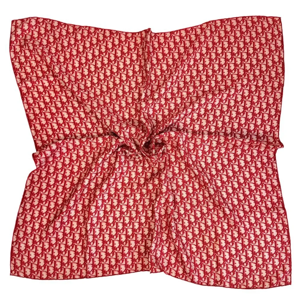 Christian Dior Red Trotter Monogram Print Square Silk Scarf